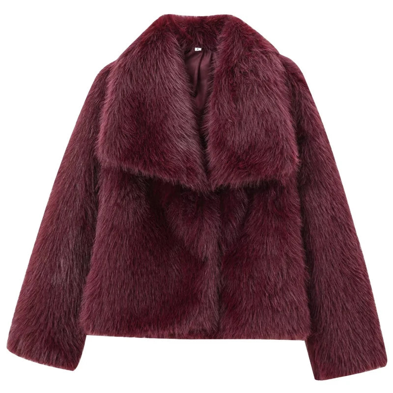 HXAO Women's Burgundy Plush Fur Coat – Crop Bomber Jacket, Warm Winter Long Sleeve High Street Style