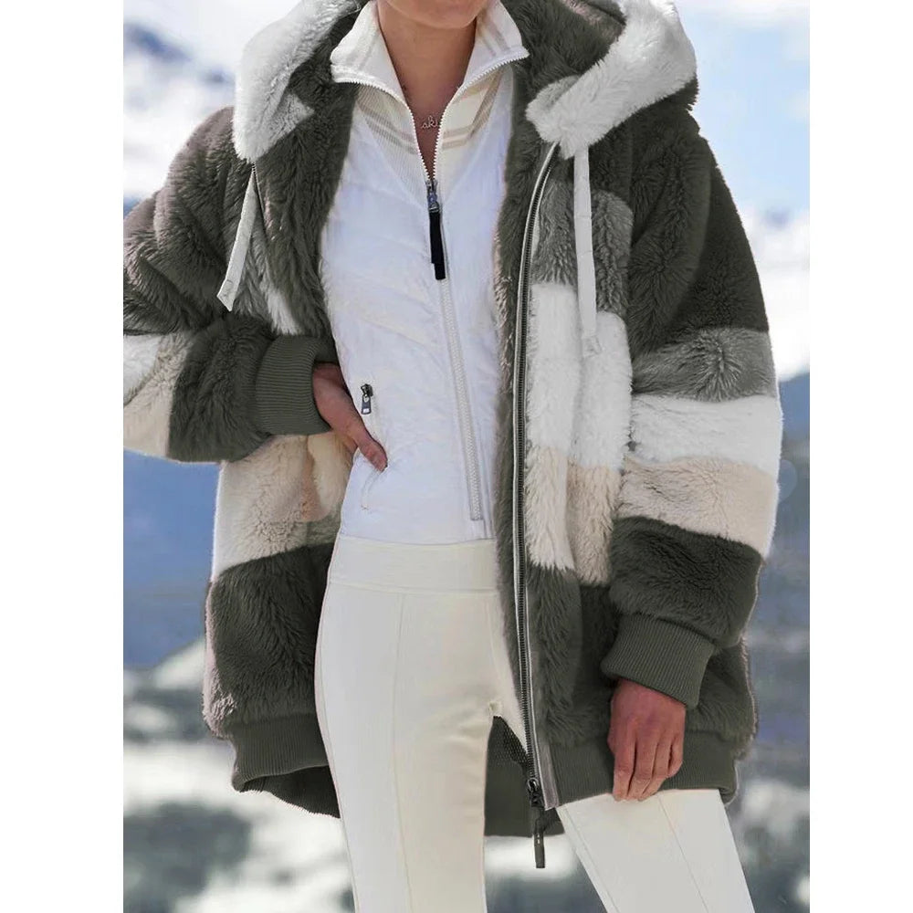 2024 Winter Fashion Hooded Zipper Women's Coat – Plaid Cashmere Jacket