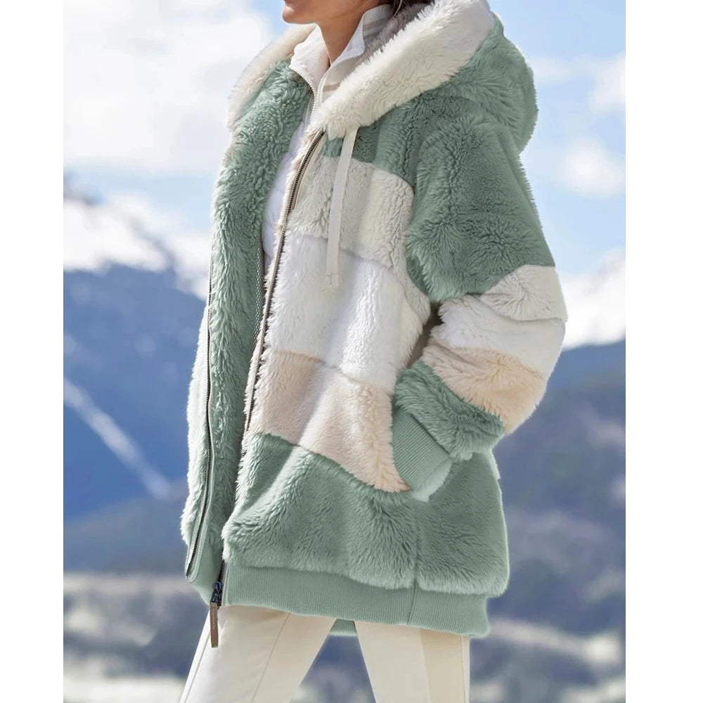 2024 Winter Fashion Hooded Zipper Women's Coat – Plaid Cashmere Jacket