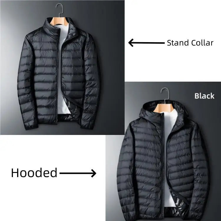 UETEEY 2024 Men’s White Duck Down Hooded Jacket – Lightweight Waterproof Warm Casual Outdoor Puffer Coat for Autumn Winter