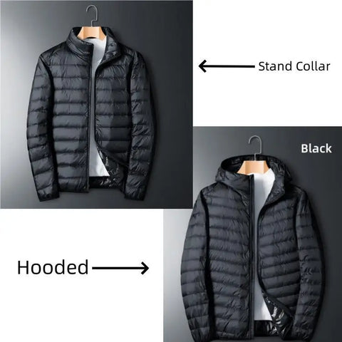 UETEEY 2024 Men’s White Duck Down Hooded Jacket – Lightweight Waterproof Warm Casual Outdoor Puffer Coat for Autumn Winter