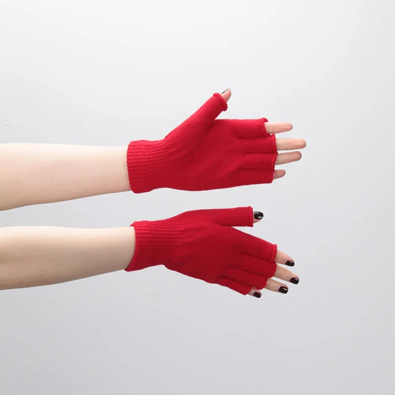 Black Fingerless Knit Gloves – Warm Acrylic Wrist-Length Winter Cycling Gloves | Unisex Half-Finger Fashion Accessories