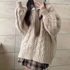 Autumn Winter Women Sweater Harajuku Oversized V Neck Knitwear