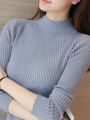 2024 Autumn Mock Neck Sweater – Ruffles Long Sleeve Knit Pullover, Slim Fit Casual Winter Top