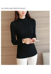 2024 Autumn Mock Neck Sweater – Ruffles Long Sleeve Knit Pullover, Slim Fit Casual Winter Top