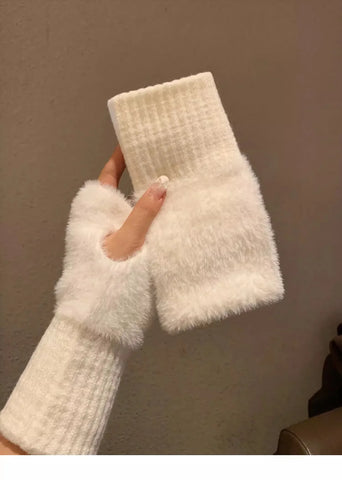 Mink Fleece Soft Winter Half Finger Gloves for Women – Warm Luxury Solid White Plush Knitted Fingerless Gloves for Writing, Typing & Winter Wear