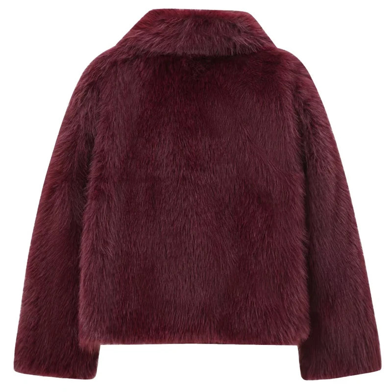 HXAO Women's Burgundy Plush Fur Coat – Crop Bomber Jacket, Warm Winter Long Sleeve High Street Style