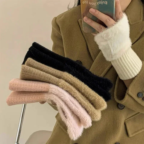 Mink Fleece Soft Winter Half Finger Gloves for Women – Warm Luxury Solid White Plush Knitted Fingerless Gloves for Writing, Typing & Winter Wear