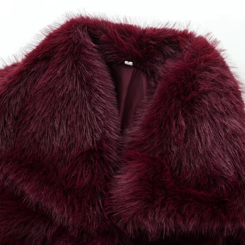 HXAO Women's Burgundy Plush Fur Coat – Crop Bomber Jacket, Warm Winter Long Sleeve High Street Style