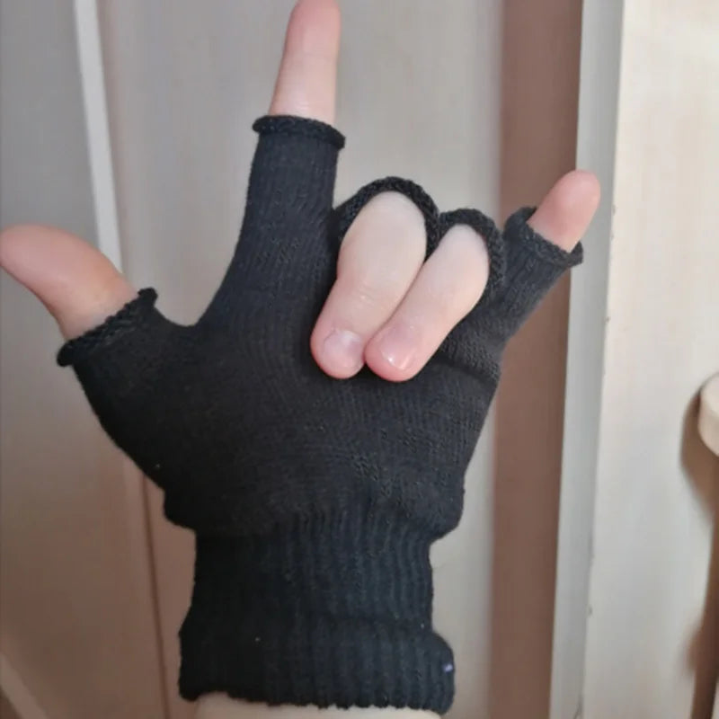 Black Fingerless Knit Gloves – Warm Acrylic Wrist-Length Winter Cycling Gloves | Unisex Half-Finger Fashion Accessories