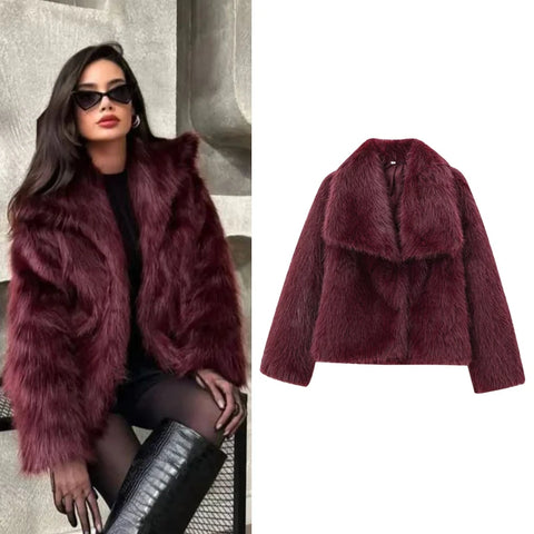 HXAO Women's Burgundy Plush Fur Coat – Crop Bomber Jacket, Warm Winter Long Sleeve High Street Style