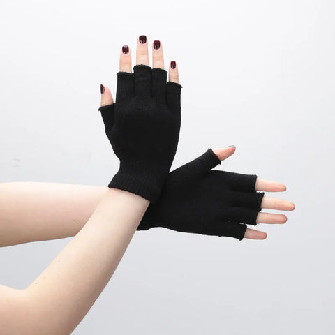 Black Fingerless Knit Gloves – Warm Acrylic Wrist-Length Winter Cycling Gloves | Unisex Half-Finger Fashion Accessories