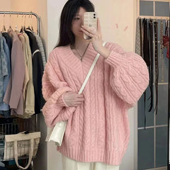 Autumn Winter Women Sweater Harajuku Oversized V Neck Knitwear