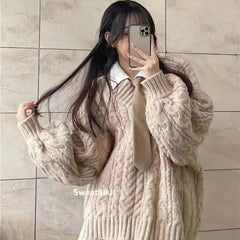 Autumn Winter Women Sweater Harajuku Oversized V Neck Knitwear