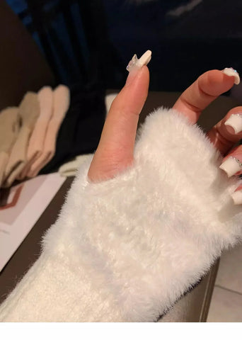 Mink Fleece Soft Winter Half Finger Gloves for Women – Warm Luxury Solid White Plush Knitted Fingerless Gloves for Writing, Typing & Winter Wear