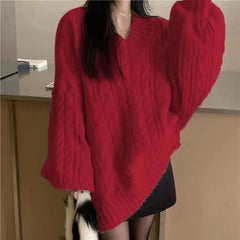 Autumn Winter Women Sweater Harajuku Oversized V Neck Knitwear