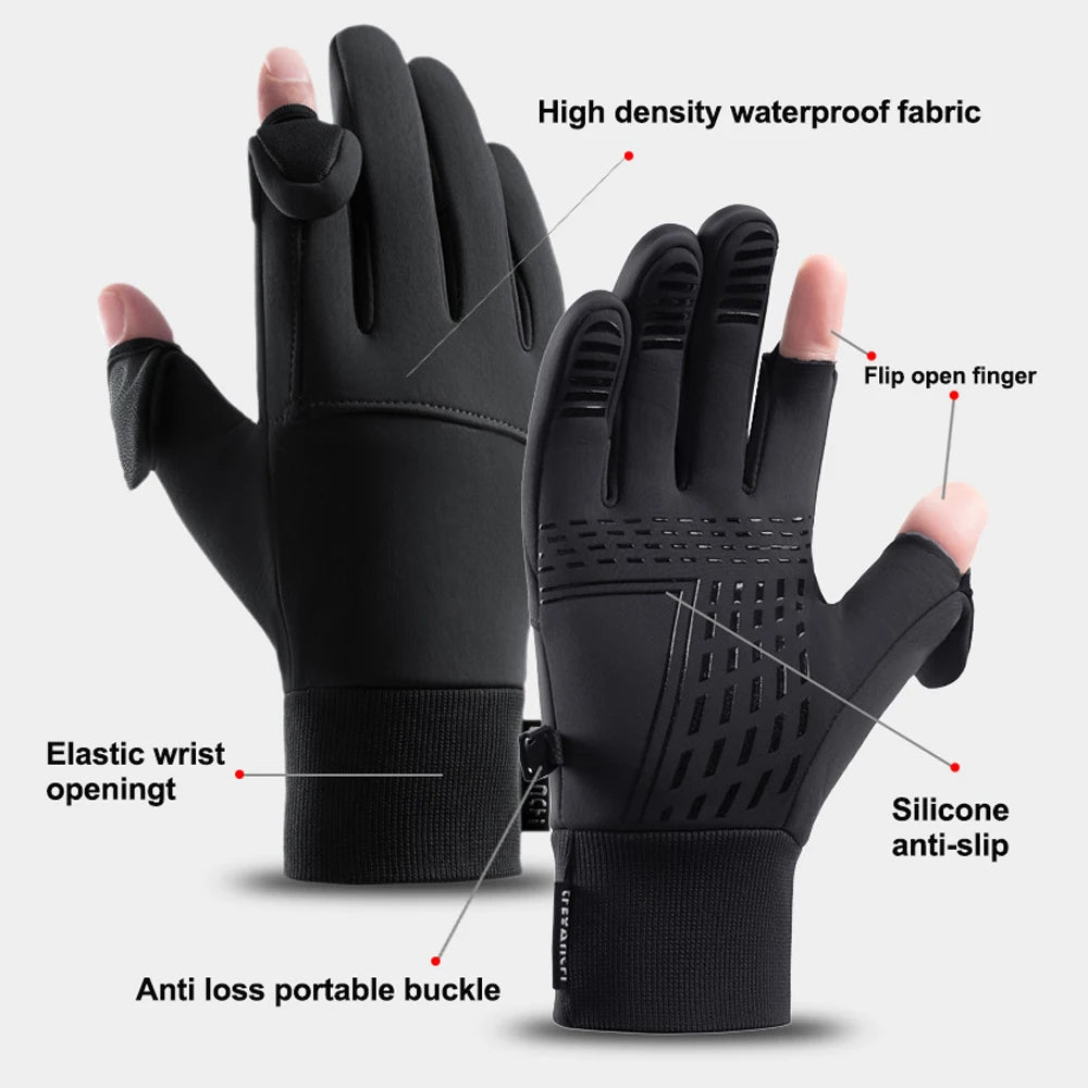 Winter Flip Open Two Finger Gloves for Men & Women – Warm Touch Screen Gloves, Windproof, Waterproof, Ideal for Cycling, Skiing, and Fishing