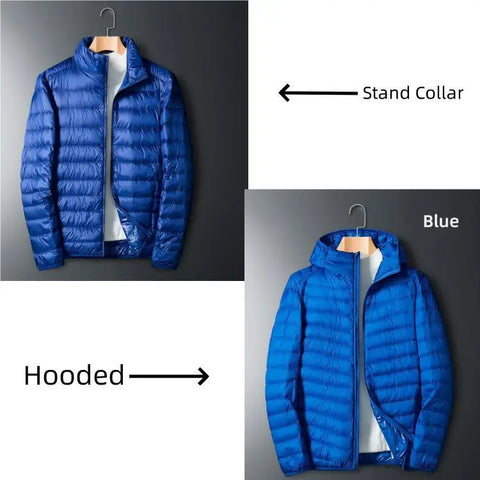 UETEEY 2024 Men’s White Duck Down Hooded Jacket – Lightweight Waterproof Warm Casual Outdoor Puffer Coat for Autumn Winter