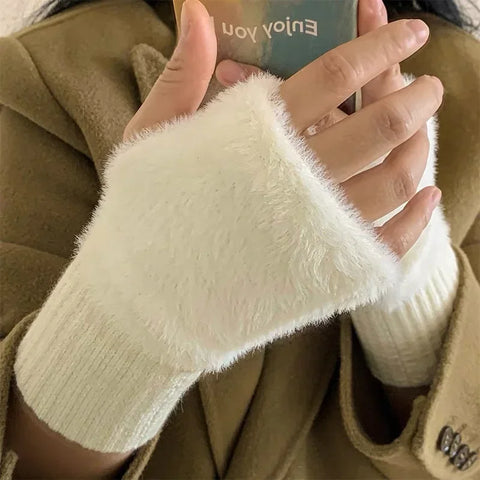 Mink Fleece Soft Winter Half Finger Gloves for Women – Warm Luxury Solid White Plush Knitted Fingerless Gloves for Writing, Typing & Winter Wear