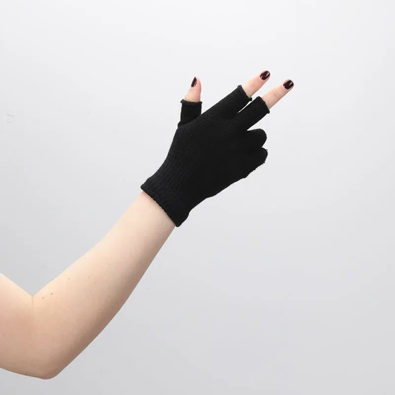 Black Fingerless Knit Gloves – Warm Acrylic Wrist-Length Winter Cycling Gloves | Unisex Half-Finger Fashion Accessories