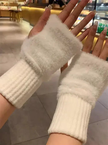 Mink Fleece Soft Winter Half Finger Gloves for Women – Warm Luxury Solid White Plush Knitted Fingerless Gloves for Writing, Typing & Winter Wear