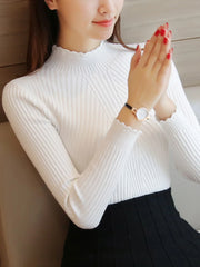 2024 Autumn Mock Neck Sweater – Ruffles Long Sleeve Knit Pullover, Slim Fit Casual Winter Top