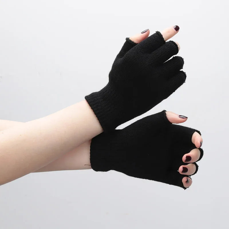 Black Fingerless Knit Gloves – Warm Acrylic Wrist-Length Winter Cycling Gloves | Unisex Half-Finger Fashion Accessories