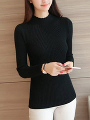 2024 Autumn Mock Neck Sweater – Ruffles Long Sleeve Knit Pullover, Slim Fit Casual Winter Top