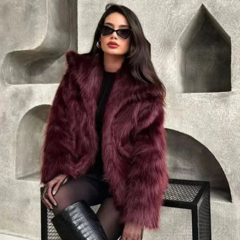 HXAO Women's Burgundy Plush Fur Coat – Crop Bomber Jacket, Warm Winter Long Sleeve High Street Style