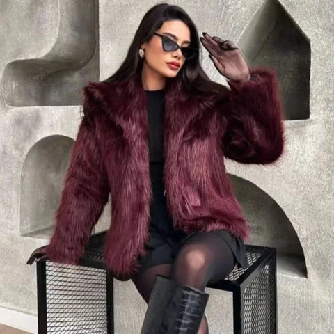 HXAO Women's Burgundy Plush Fur Coat – Crop Bomber Jacket, Warm Winter Long Sleeve High Street Style