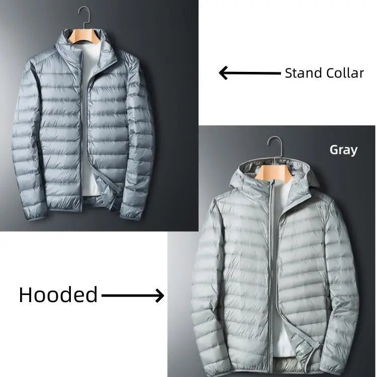 UETEEY 2024 Men’s White Duck Down Hooded Jacket – Lightweight Waterproof Warm Casual Outdoor Puffer Coat for Autumn Winter