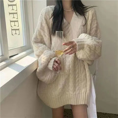 Autumn Winter Women Sweater Harajuku Oversized V Neck Knitwear