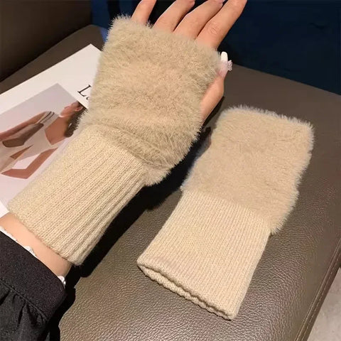 Mink Fleece Soft Winter Half Finger Gloves for Women – Warm Luxury Solid White Plush Knitted Fingerless Gloves for Writing, Typing & Winter Wear