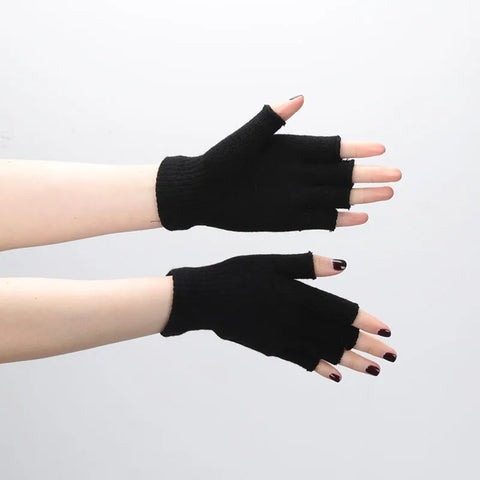 Black Fingerless Knit Gloves – Warm Acrylic Wrist-Length Winter Cycling Gloves | Unisex Half-Finger Fashion Accessories