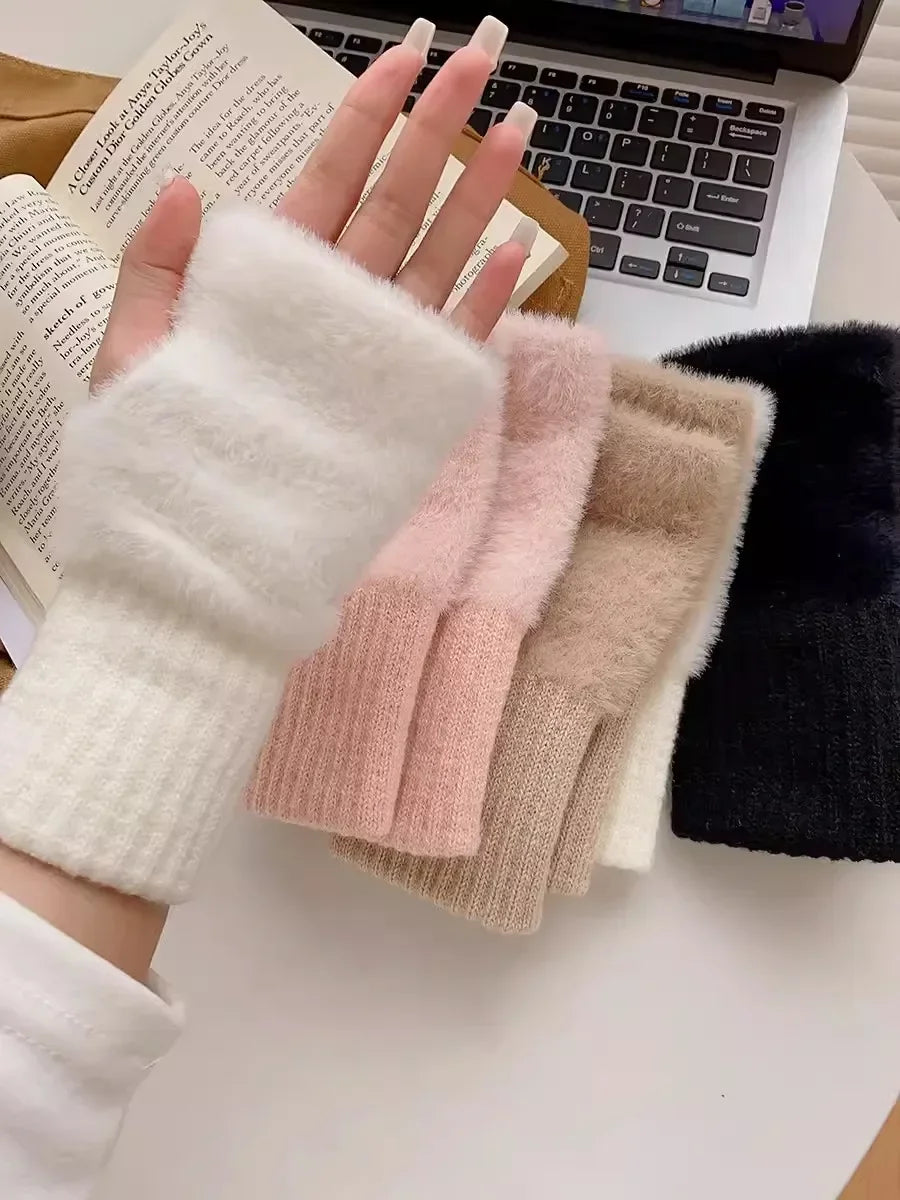 Mink Fleece Soft Winter Half Finger Gloves for Women – Warm Luxury Solid White Plush Knitted Fingerless Gloves for Writing, Typing & Winter Wear