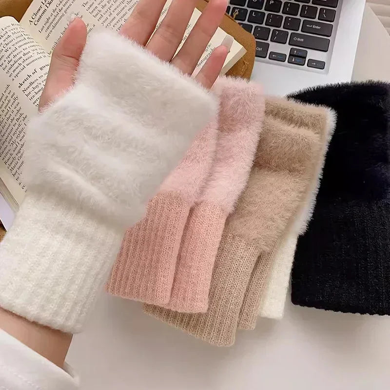 Mink Fleece Soft Winter Half Finger Gloves for Women – Warm Luxury Solid White Plush Knitted Fingerless Gloves for Writing, Typing & Winter Wear