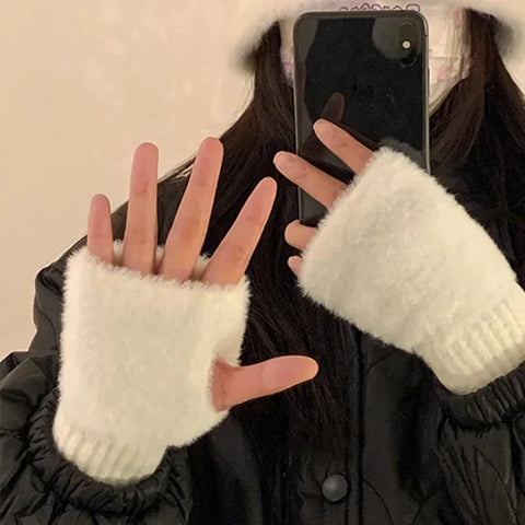 Mink Fleece Soft Winter Half Finger Gloves for Women – Warm Luxury Solid White Plush Knitted Fingerless Gloves for Writing, Typing & Winter Wear