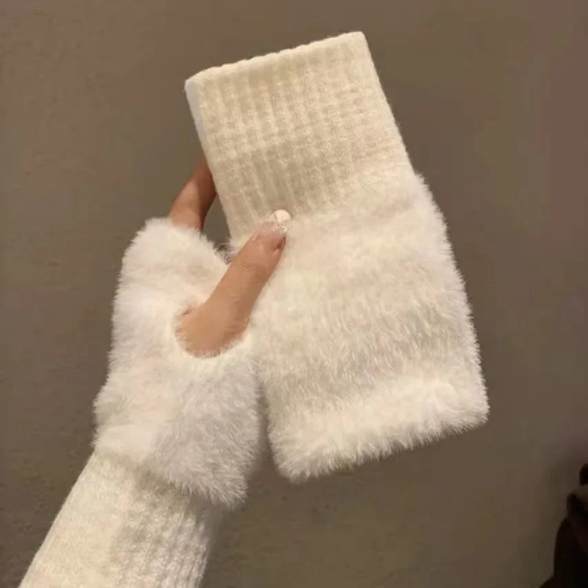 Mink Fleece Soft Winter Half Finger Gloves for Women – Warm Luxury Solid White Plush Knitted Fingerless Gloves for Writing, Typing & Winter Wear