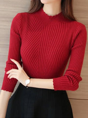 2024 Autumn Mock Neck Sweater – Ruffles Long Sleeve Knit Pullover, Slim Fit Casual Winter Top